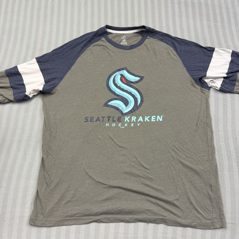 Mens NHL Seattle Kraken Short Sleeve Hockey Grey Raglan Shirt 2xl